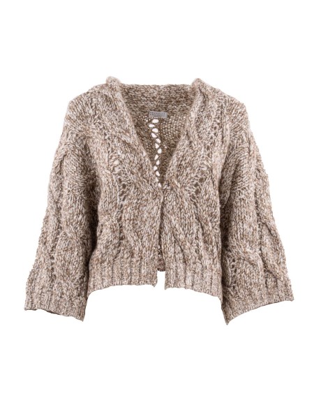 Shop BRUNELLO CUCINELLI  Cardigan: Brunello Cucinelli cardigan Dazzling Chiné in lana Soft, cashmere e mohair a treccia.
Chiusura con bottone in corno.
Spalla abbassata.
Manica ampia.
Maglia a treccia.
Composizione: 39% LANA DI AGNELLO, 32% CASHMERE, 15% POLIAMMIDE, 9% POLIESTERE, 5% MOHAIR.
Made in Italy.. MGR372916-CIK13